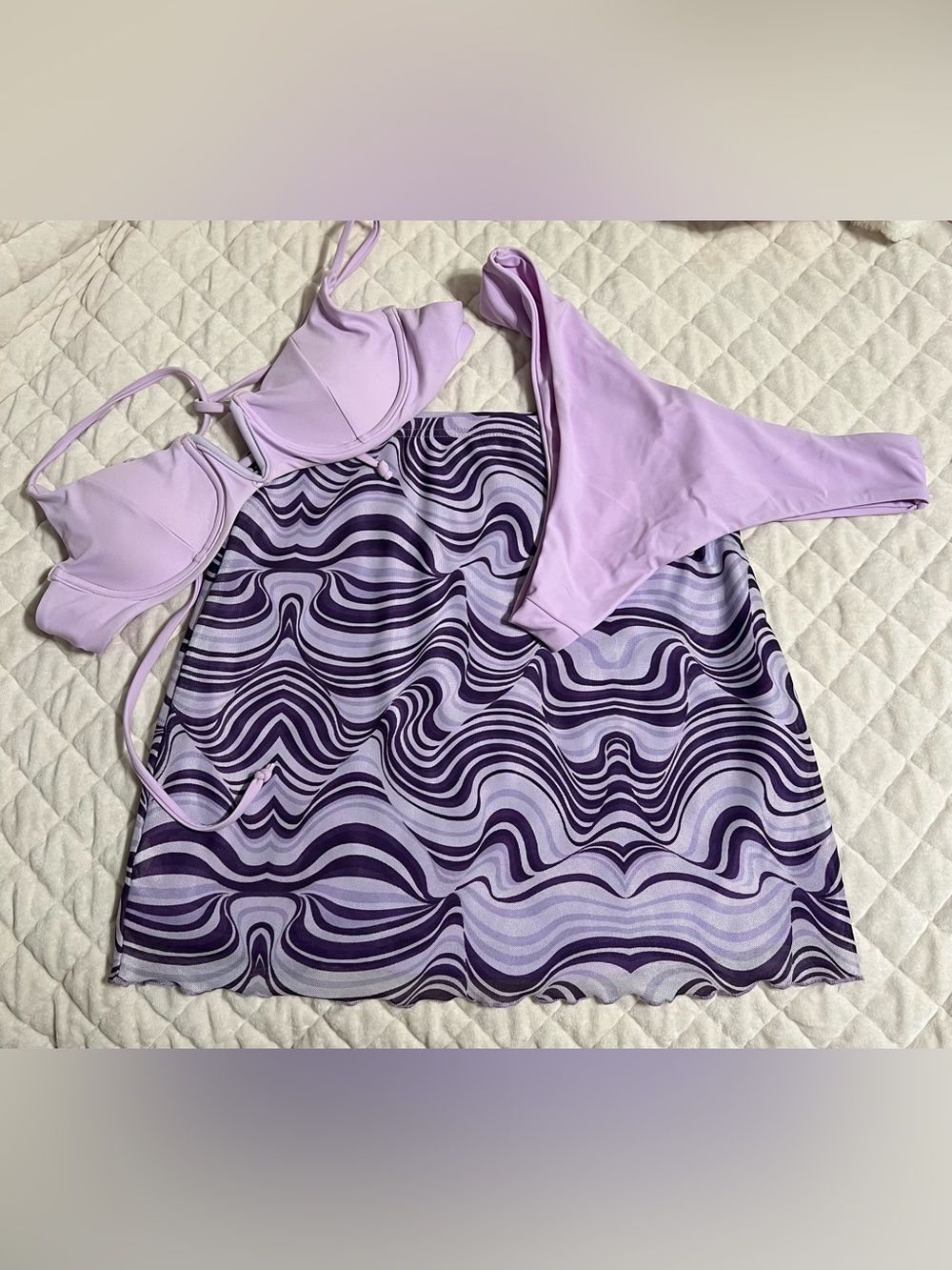 3 Pc SHEIN Lilac Wave Print Slip Skirt and Bikini Set